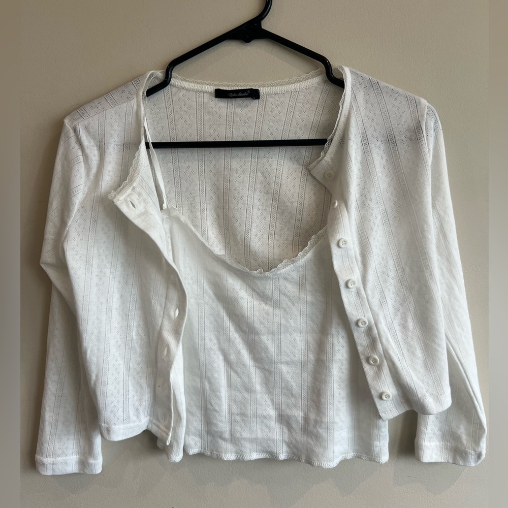 White Pointelle Knit Tank & Cardigan Set - Women